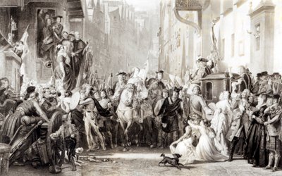 Książę Karol Edward (1720-88) i górale wkraczający do Edynburga po bitwie pod Preston, 21 września 1745 (patrz 105438) autorstwa Thomas Duncan