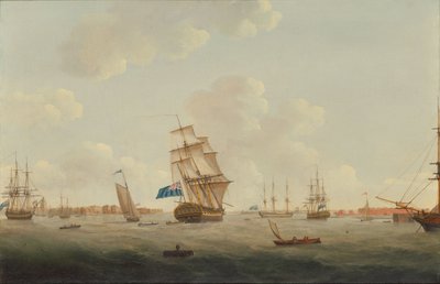 Panorama portu Portsmouth z ludźmi wojny i innymi statkami autorstwa Thomas Elliott