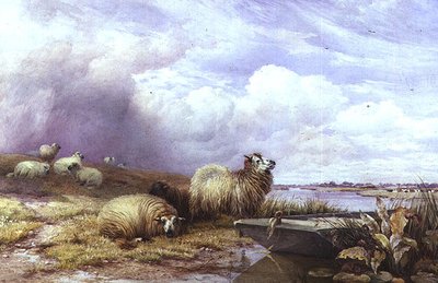 Krajobraz z owcami i łodzią autorstwa Thomas Francis Wainewright