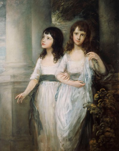Grupowy portret panien Sloper, stojących prawie na całej długości w białych sukienkach z niebieskimi szarfami, autorstwa Thomas Gainsborough