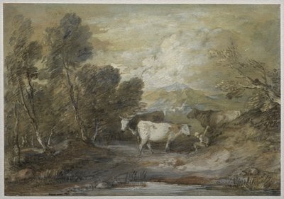 Pasterz z trzema krowami przy stawie wyżynnym, połowa lat 80. XVIII wieku. autorstwa Thomas Gainsborough