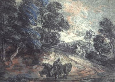 Zalesiony krajobraz z pijącymi końmi (pastel) autorstwa Thomas Gainsborough