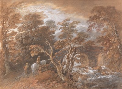 Pagórkowaty krajobraz z postaciami zbliżającymi się do mostu autorstwa Thomas Gainsborough