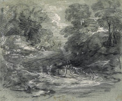 Pejzaż z wozem rolniczym na krętej ścieżce między drzewami (węgiel drzewny i gwasz na papierze) autorstwa Thomas Gainsborough