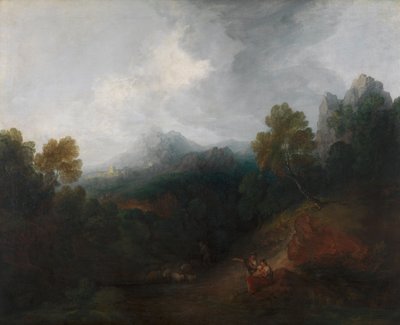 Górska dolina z postaciami i odległą wioską autorstwa Thomas Gainsborough