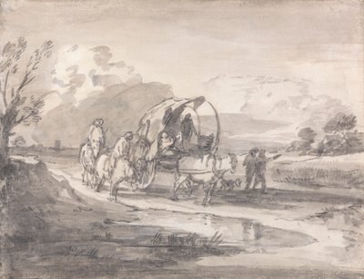 Otwarty krajobraz z jeźdźcami i krytym wózkiem autorstwa Thomas Gainsborough