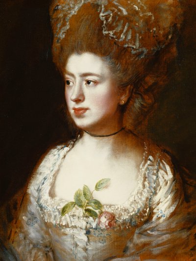 Portret panny Mary Gainsborough, później pani Fischer, córki artystki, z głową z ramionami, zwrócona w prawo, ubrana w niebiesko-białą sukienkę z różową różą w staniku, autorstwa Thomas Gainsborough