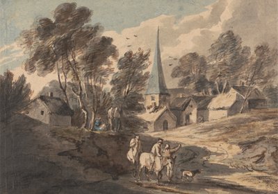 Podróżnicy na koniach zbliżają się do wioski z iglicą autorstwa Thomas Gainsborough