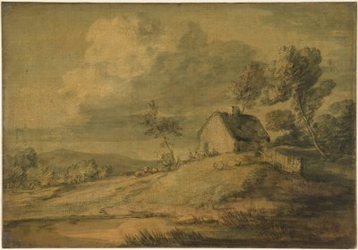 Zalesiony krajobraz z chatą, krowami i owcami autorstwa Thomas Gainsborough
