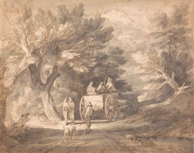 Zalesiony krajobraz z wiejskim wózkiem i postaciami idącymi aleją autorstwa Thomas Gainsborough
