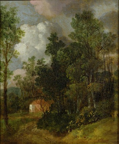 Pejzaż leśny z domem wiejskim i dwiema postaciami, ok. 1752 (olej na płótnie ułożony na płótnie) autorstwa Thomas Gainsborough