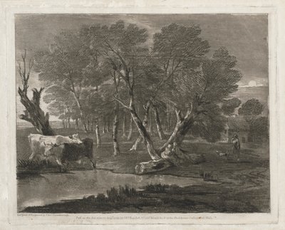 Zalesiony krajobraz z krowami przy basenie, figurami i domkiem autorstwa Thomas Gainsborough