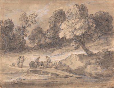 Zalesiony krajobraz z postaciami na koniu przejeżdżającymi przez most autorstwa Thomas Gainsborough