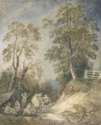 Zalesiony pejzaż z cygańskim obozowiskiem, ok. 1760-65 (akwarela i gwasz na ołówku i kredzie na papierze) autorstwa Thomas Gainsborough