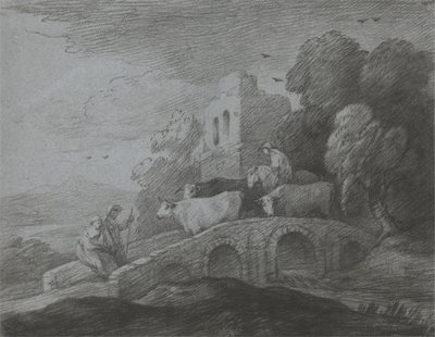 Zalesiony krajobraz z pasterzem prowadzącym bydło przez most, rustykalnymi kochankami i zrujnowanym zamkiem autorstwa Thomas Gainsborough