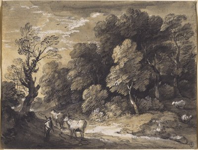 Pejzaż leśny z pasterzem i bydłem, ok. 1775-80 (czarna kreda i szaro-czarne rozmycia, podkreślone białym gwaszem na papierze kładzionym) autorstwa Thomas Gainsborough