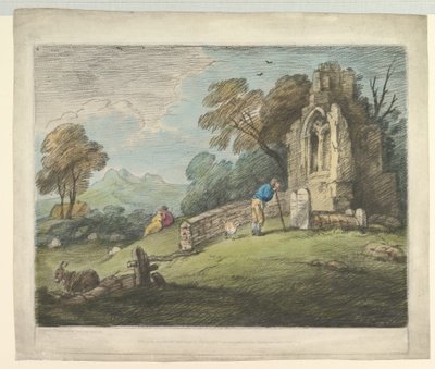 Zalesiony krajobraz z nagrobkiem czytającym chłopa, rustykalnymi kochankami i zrujnowanym kościołem, 1 sierpnia 1797 r. autorstwa Thomas Gainsborough