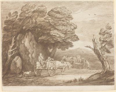 Zalesiony krajobraz z dwoma wiejskimi wózkami i postaciami autorstwa Thomas Gainsborough