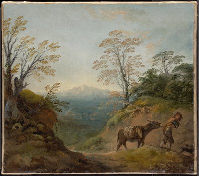 Leśny krajobraz z chłopcem prowadzącym osła i psa oraz rozległą panoramą z budynkami i odległymi wzgórzami autorstwa Thomas Gainsborough