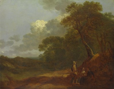 Zalesiony krajobraz z mężczyzną rozmawiającym z dwiema siedzącymi kobietami, ca. 1745. autorstwa Thomas Gainsborough