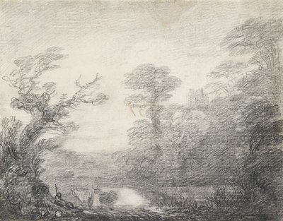 Zalesiony krajobraz z pasterzem, krowami i wieżą kościoła, 1753-1757 autorstwa Thomas Gainsborough