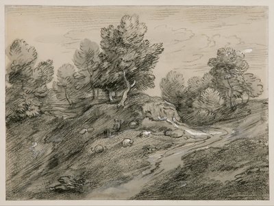 Zalesiony krajobraz wyżynny z pasterzem, owcami i wiejską drogą wijącą się wokół wzgórza autorstwa Thomas Gainsborough