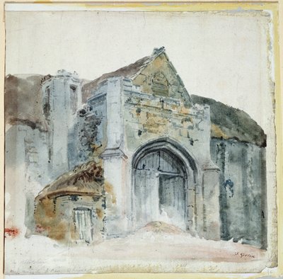 The Tithe Barn, Abbotsbury (akwarela na papierze) autorstwa Thomas Girtin