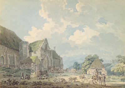 Stodoła dziesięciny w Abbotsbury z opactwem na wzgórzu..., ok. 1795 (wc nad grafitem na papierze) autorstwa Thomas Girtin