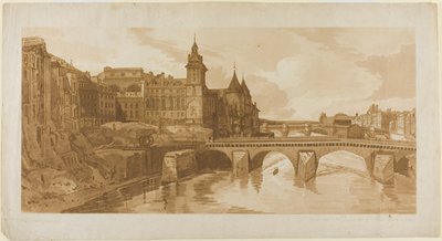 Widok na Pont au Change, teatr miejski, Pont Neuf, więzienie Conciergerie itp. zaczerpnięty z Pont Notre Dame, z Wybór dwudziestu najbardziej malowniczych widoków w Paryżu autorstwa Thomas Girtin