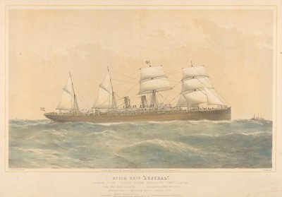Statek parowy Austral należący do Orient Steam Navigation Company Limited, ok. 1868-74 (kolorowa litografia) autorstwa Thomas Goldsworth Dutton