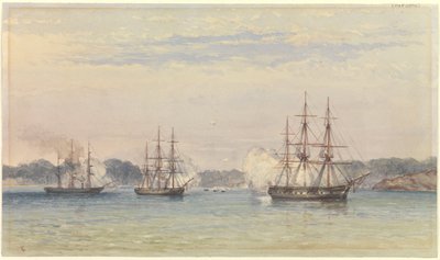 Wojna chińska 1857 r., trzy okręty HM bombardujące i łodzie okrętowe na lądzie autorstwa Thomas Goldsworth Dutton