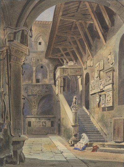 Dwór Bargello, Florencja, 1839 (wc z tuszem i ołówkiem na papierze) autorstwa Thomas Hartley Cromek