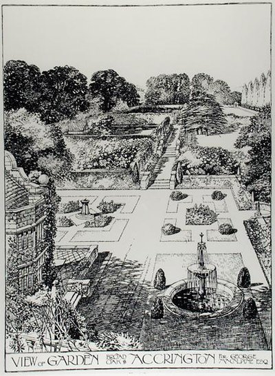 Widok ogrodu, Broad Oak, Accrington, z książki „The Art and Craft of Garden Making” Thomasa Mawsona, opublikowane w 1900 r. (rycina) (zdjęcie czarno-białe) autorstwa Thomas Hayton Mawson