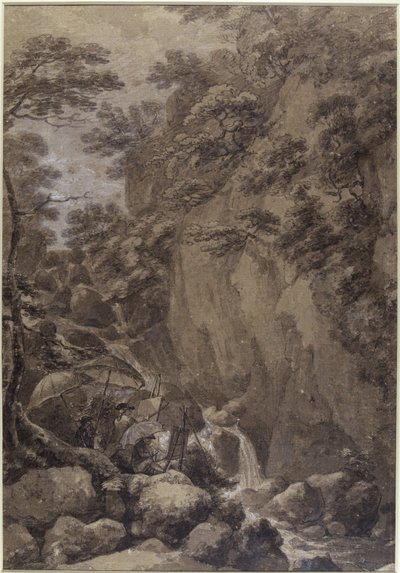 Sir George Beaumont i Joseph Farington malujący wodospad, 1777 (pióro, tusz i wash na papierze) autorstwa Thomas Hearne