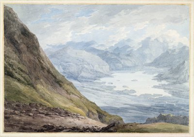 Widok ze Skiddaw na Derwentwater (wc nad ołówkiem na papierze) autorstwa Thomas Hearne