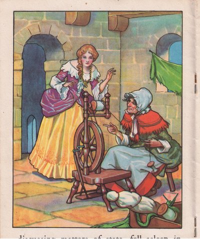 Śpiący przy kołowrotku (litografia) autorstwa Thomas Heath Robinson