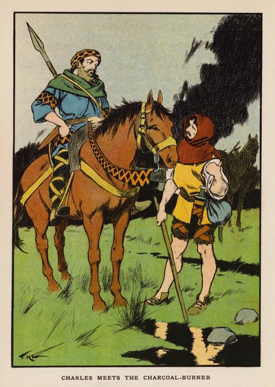 Charles spotyka wypalacza węgla drzewnego (kolorowa litografia) autorstwa Thomas Heath Robinson