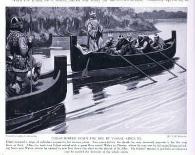 Edgar wiosłujący w dół rzeki Dee przez królów wasalnych AD973 (litografia) autorstwa Thomas Heath Robinson