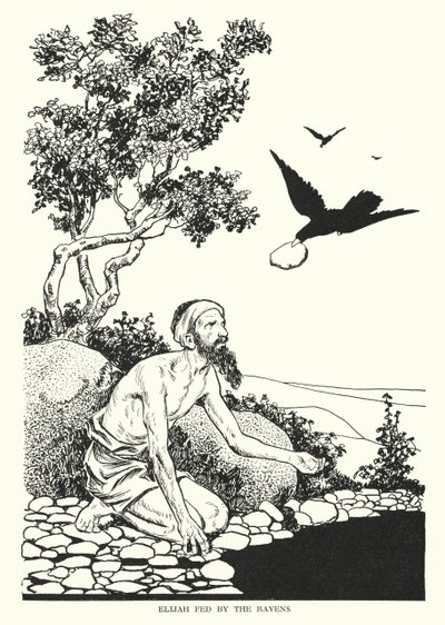 Eliasz karmiony przez kruki (litografia) autorstwa Thomas Heath Robinson