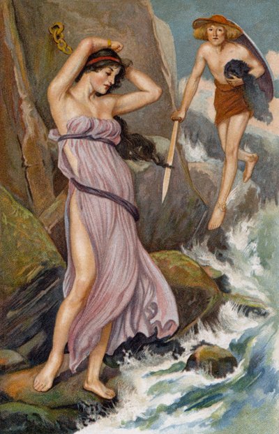 Pełen litości... Perseusz zbliżył się i spojrzał na dziewczynę (chromolitho) autorstwa Thomas Heath Robinson