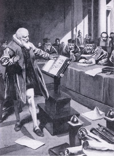 Galileusz występuje przed kardynałami w Rzymie, ilustracja z "Cassell