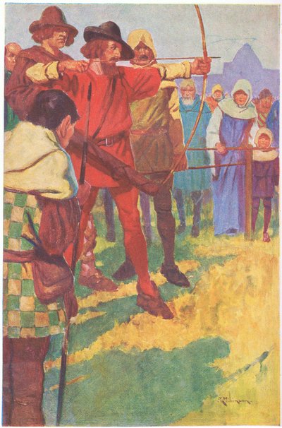 Ustawił swój łuk na krótką chwilę, a następnie zwolnił cięciwę (kolorowa litografia) autorstwa Thomas Heath Robinson