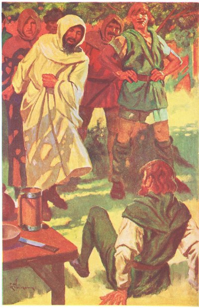 Podwinął rękaw i podnosząc rękę uderzył bandytę w pierś (kolorowa litografia). autorstwa Thomas Heath Robinson