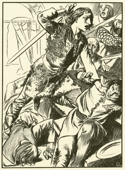 Hereward i jego ludzie atakują Normanów (rycina) autorstwa Thomas Heath Robinson