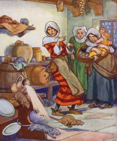 Ilustracja do filmu "The Pied Piper of Hamelin" (kolorowa litografia) autorstwa Thomas Heath Robinson