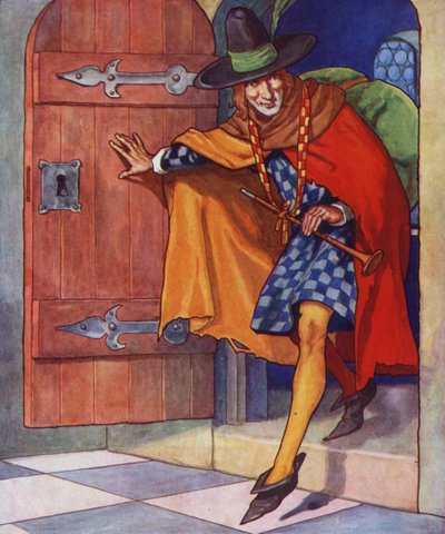 Ilustracja do filmu "The Pied Piper of Hamelin" (kolorowa litografia) autorstwa Thomas Heath Robinson