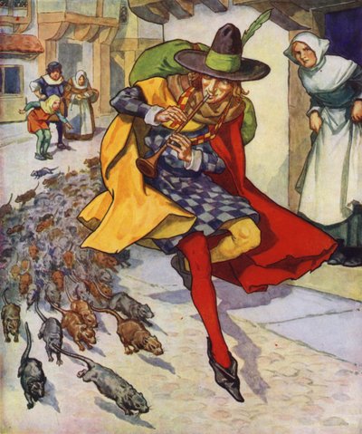 Ilustracja do filmu "The Pied Piper of Hamelin" (kolorowa litografia) autorstwa Thomas Heath Robinson