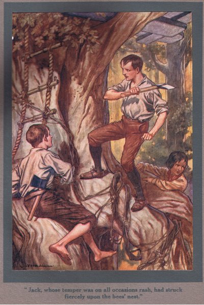 Jack, którego temperament był zawsze porywczy, z furią uderzył w gniazdo pszczół (kolorowa litografia) autorstwa Thomas Heath Robinson