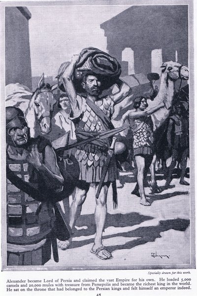 Grabież miasta pełnego skarbów: Aleksander został władcą Persji. Załadował wszystkie skarby z Persepolis, aby stać się bardzo bogatym, ok. 1950 r. (litografia) autorstwa Thomas Heath Robinson
