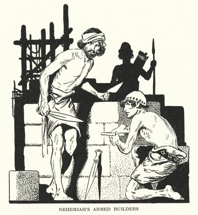 Uzbrojeni budowniczowie Nehemiasza (litografia) autorstwa Thomas Heath Robinson